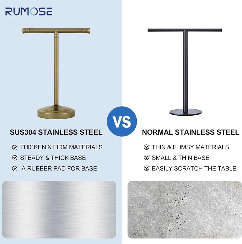 RUMOSE 13 Inch Antique Brass Towel Bar Stand Hand Holder Bathroom Kitchen Vanity Countertop T-Shape Towel Rack Free Standing Stainless Steel - Image 5